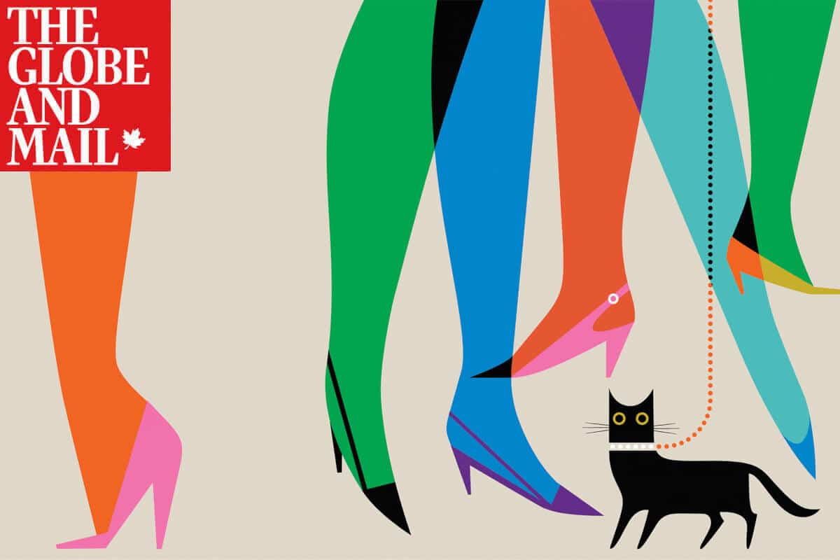 An abstract, colorful illustration featuring various legs in bright tights and high heels walking past a small black cat on a leash. The Globe and Mail logo is positioned in the top left corner.